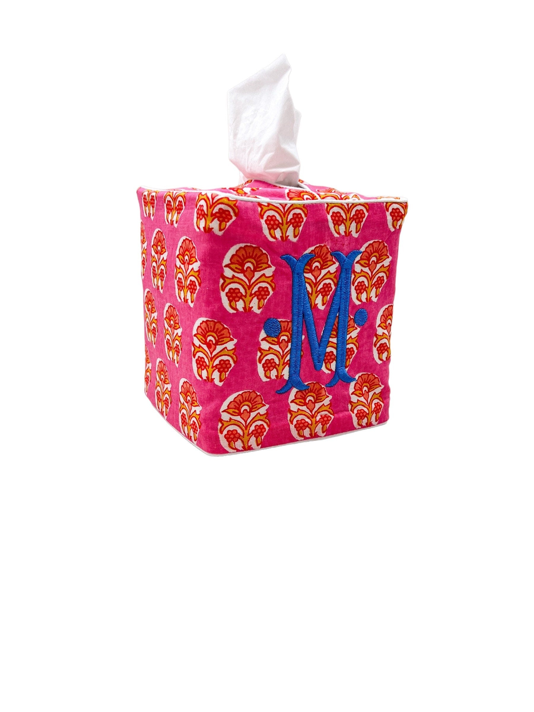 Pink block print tissue cover custom monogram available