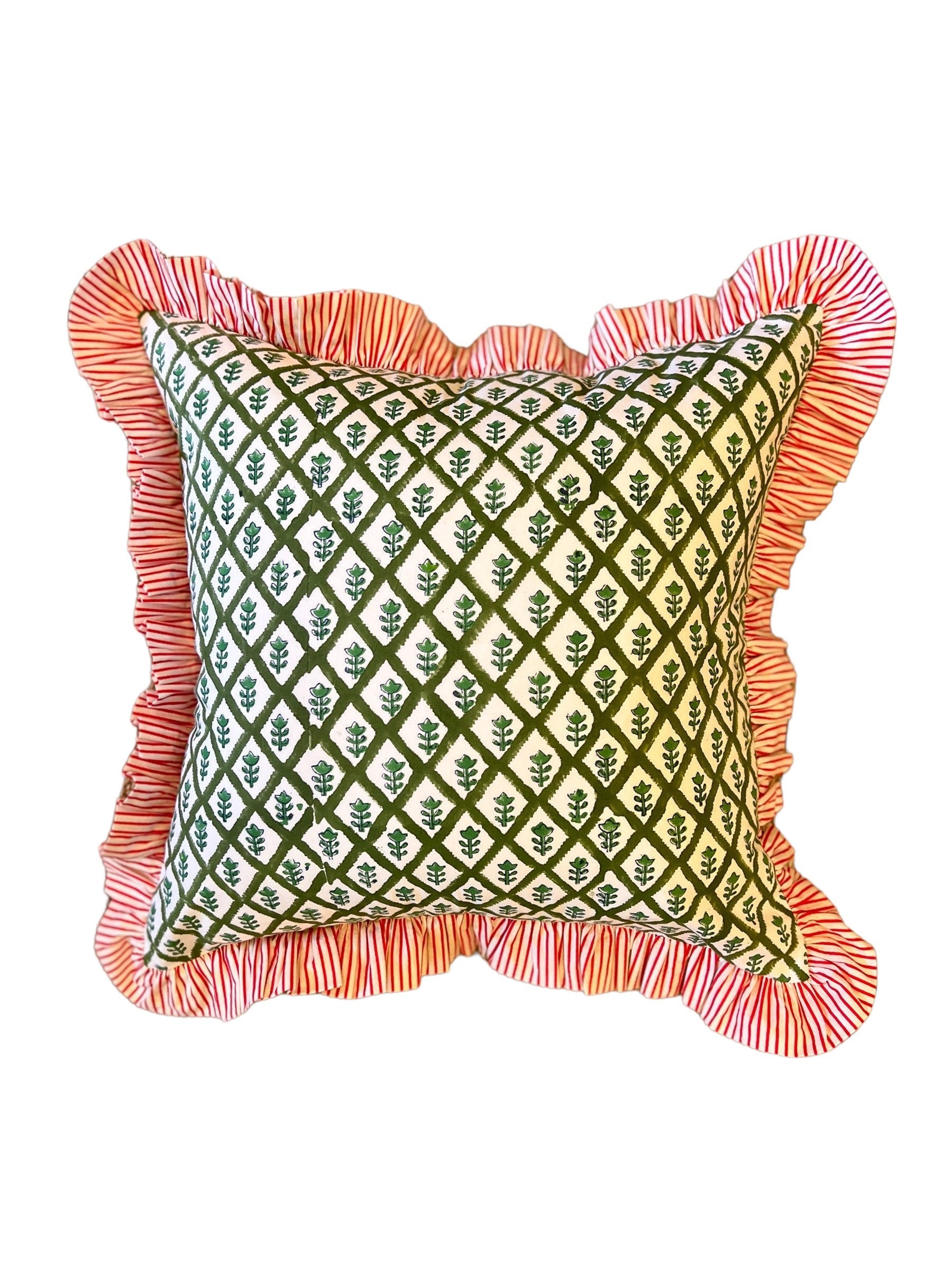 Green block print throw pillow cover with contrasting red stripe ruffle trim, monogram available