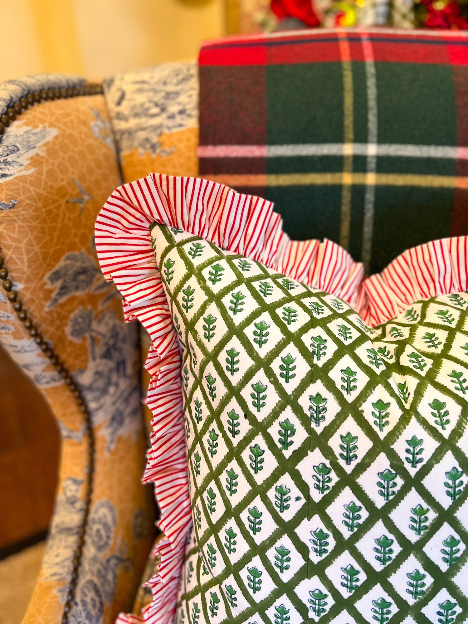 Green block print throw pillow cover with contrasting red stripe ruffle trim, monogram available