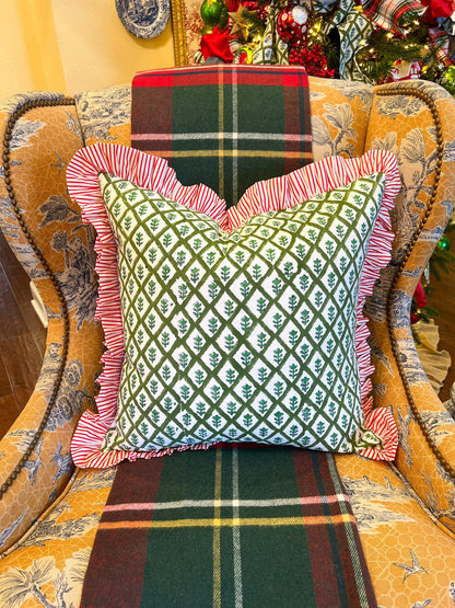 Green block print throw pillow cover with contrasting red stripe ruffle trim, monogram available