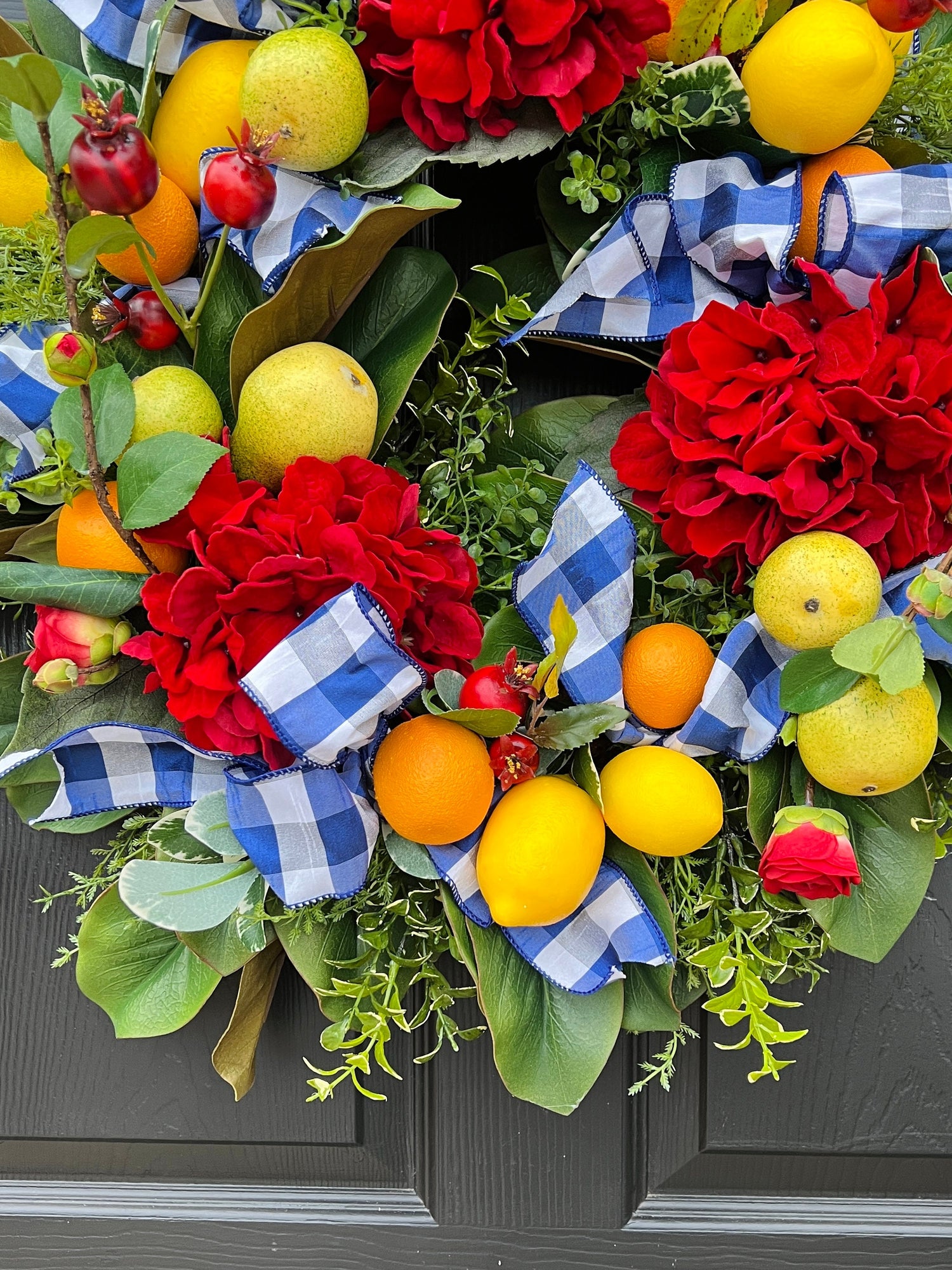 Red hydrangea, fruit, and blue gingham French Country wreath