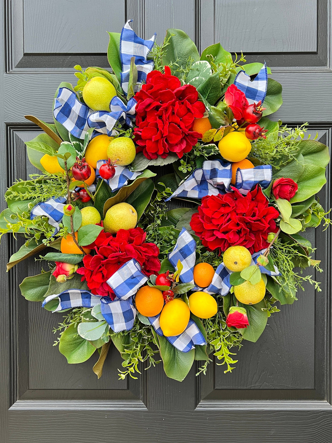 Red hydrangea, fruit, and blue gingham French Country wreath