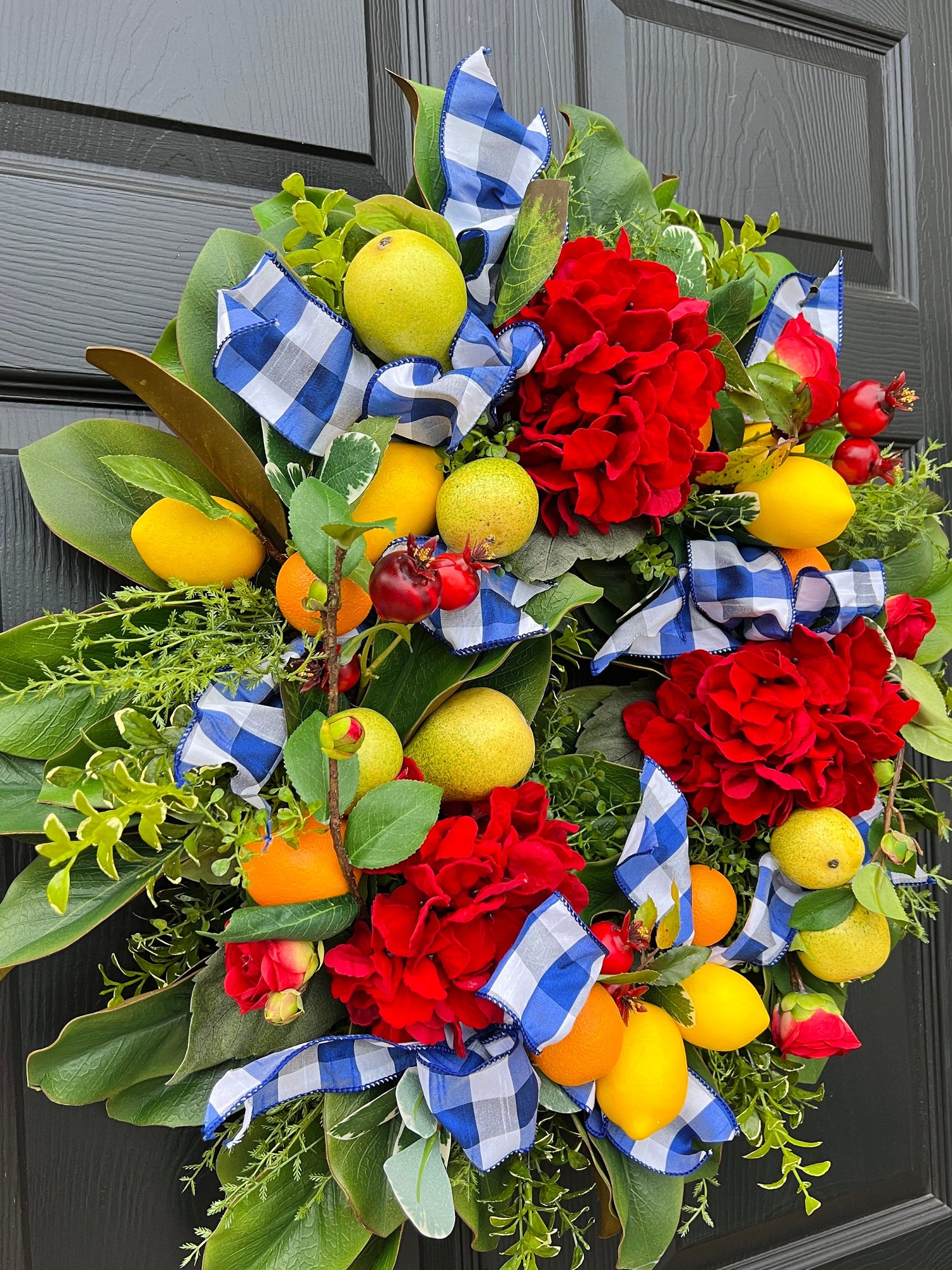 Red hydrangea, fruit, and blue gingham French Country wreath