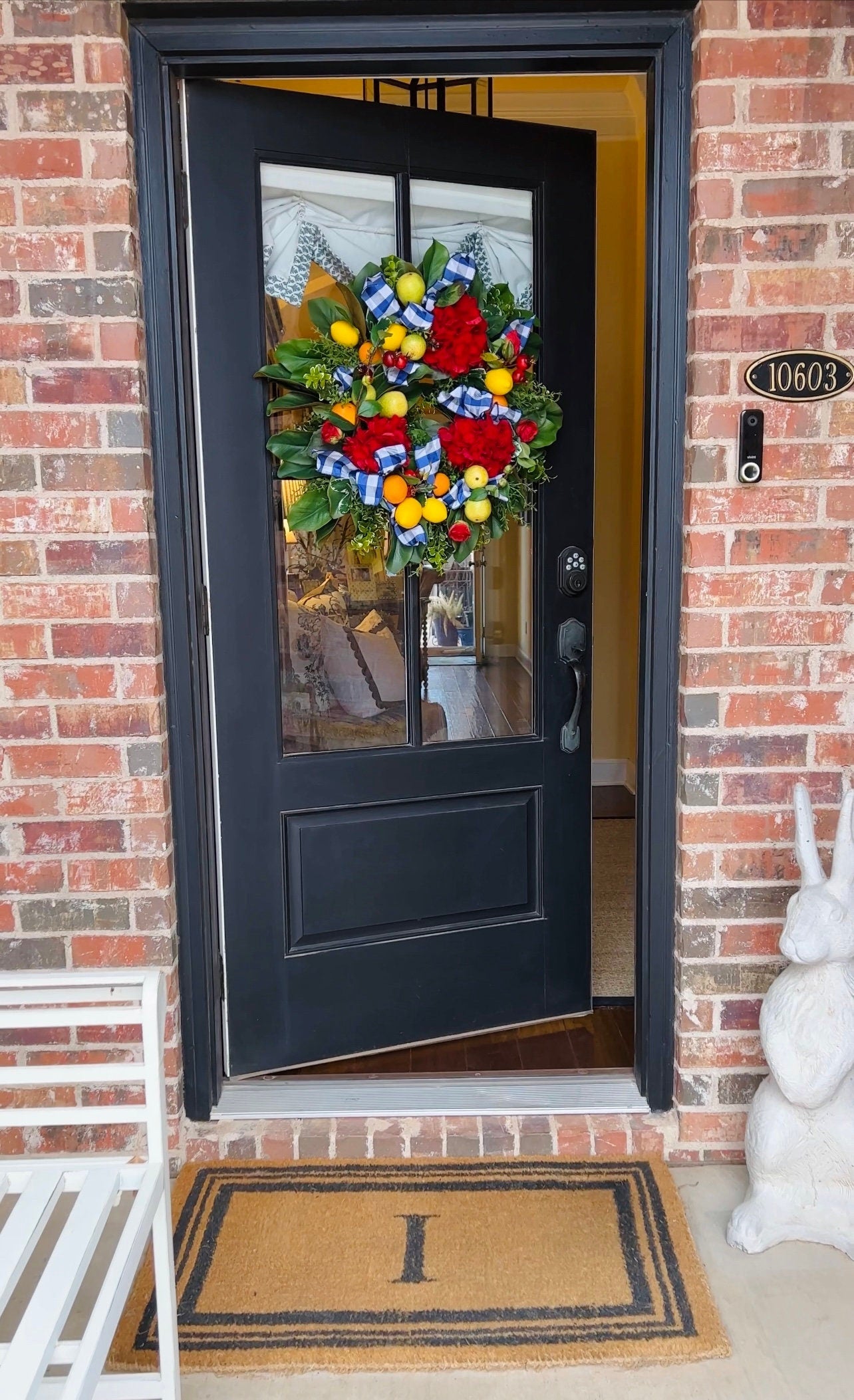 Red hydrangea, fruit, and blue gingham French Country wreath