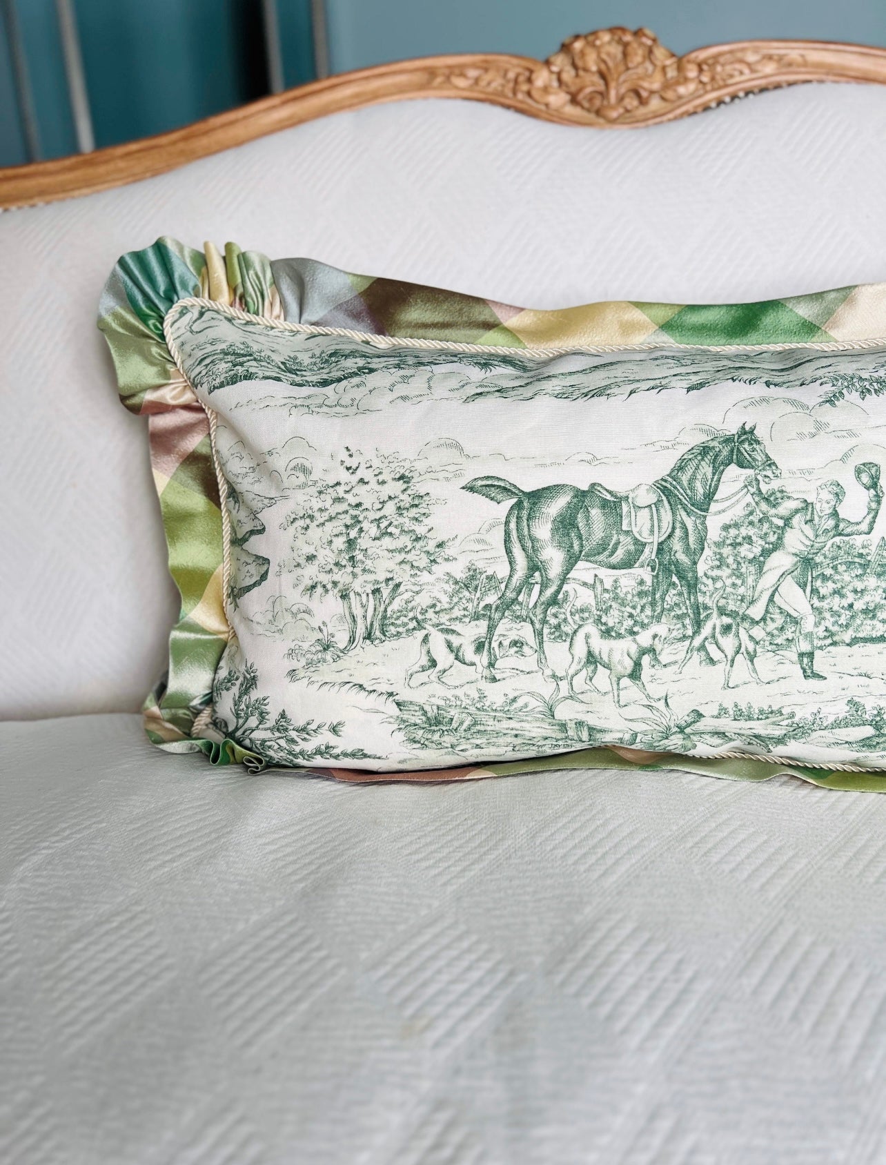 Green toile hunt scene pillow cover with plaid silk flange