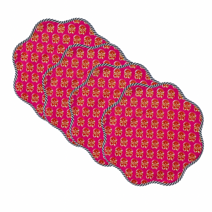 Scalloped bright pink block print placemat set with black and white piping