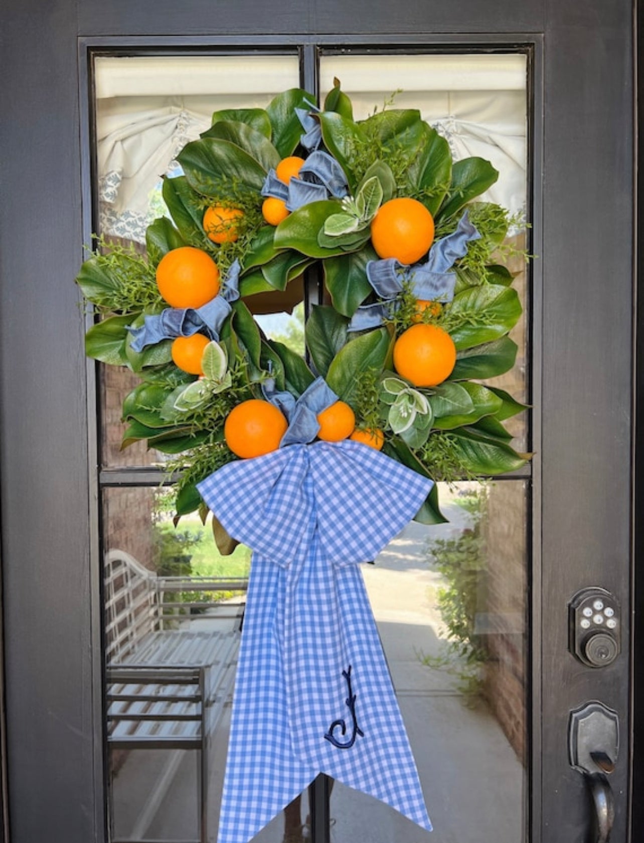 Orange and magnolia wreath with French blue check sash bundle