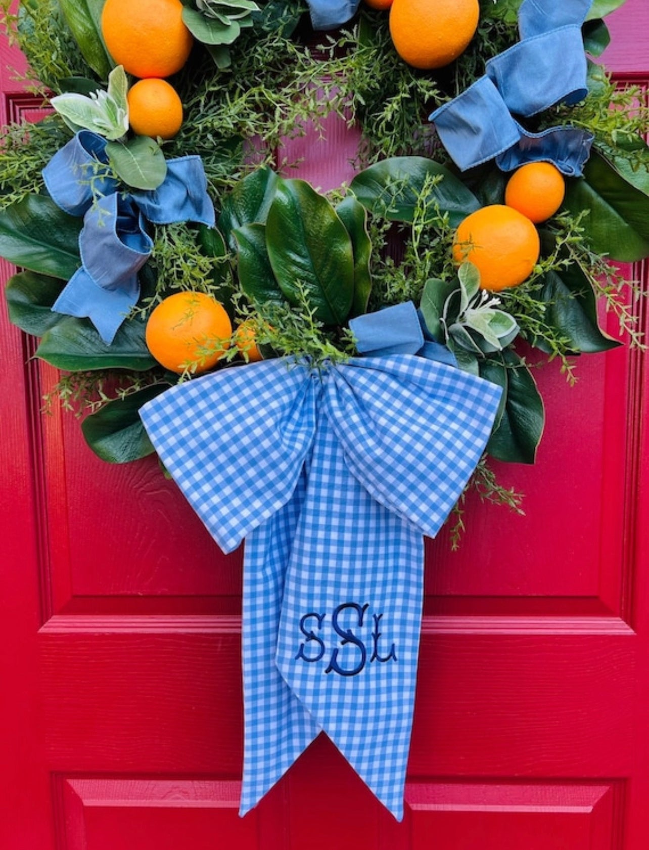 Orange and magnolia wreath with French blue check sash bundle