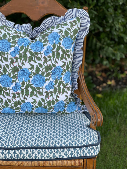 Blue and green floral block print pillow cover with ruffle trim