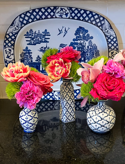 Set of 3 blue and white bud vases