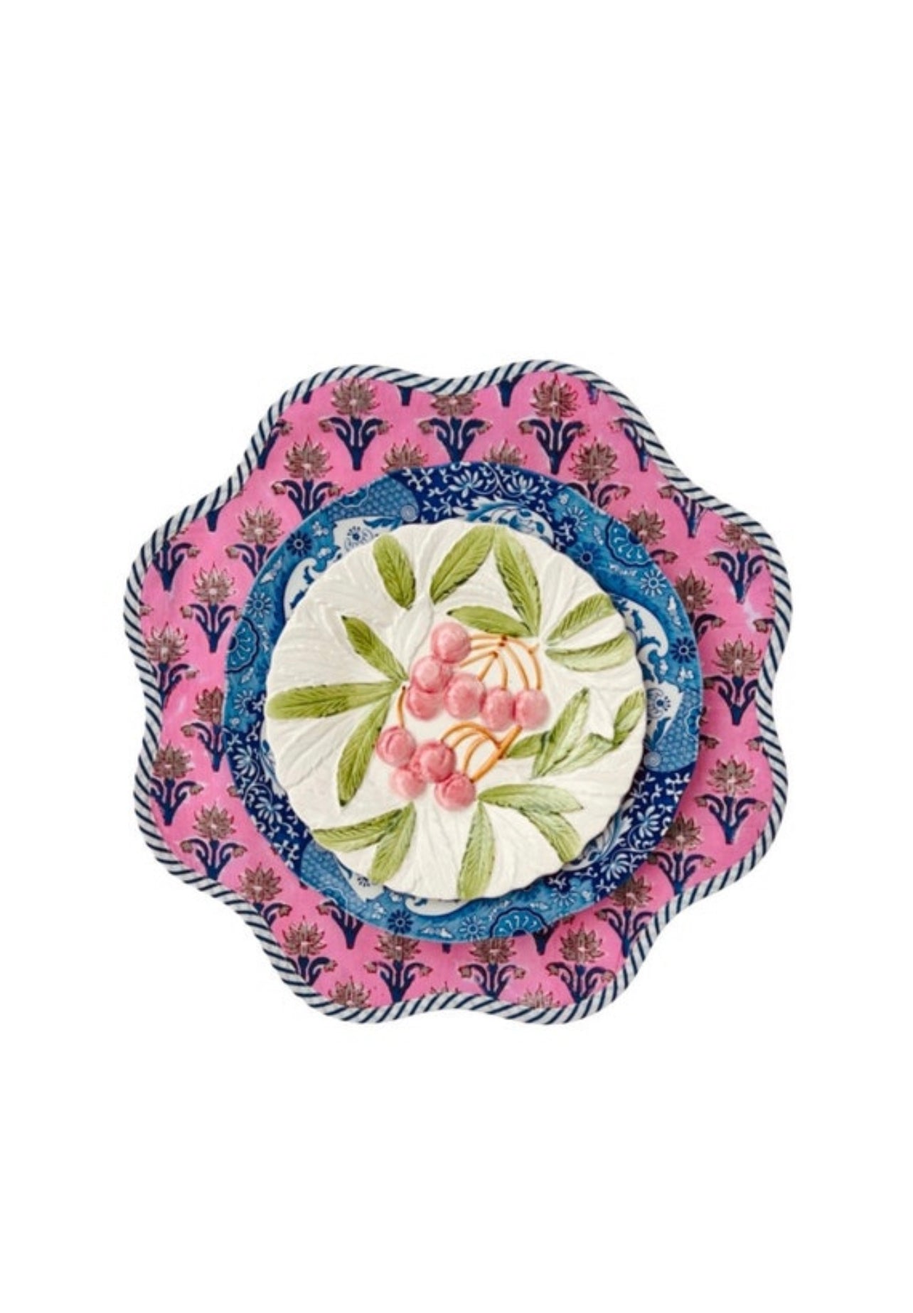 Scalloped pink and blue block print placemat, set of 4