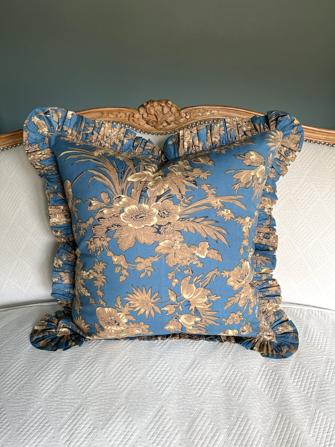 Blue floral toile pillow cover with ruffle trim