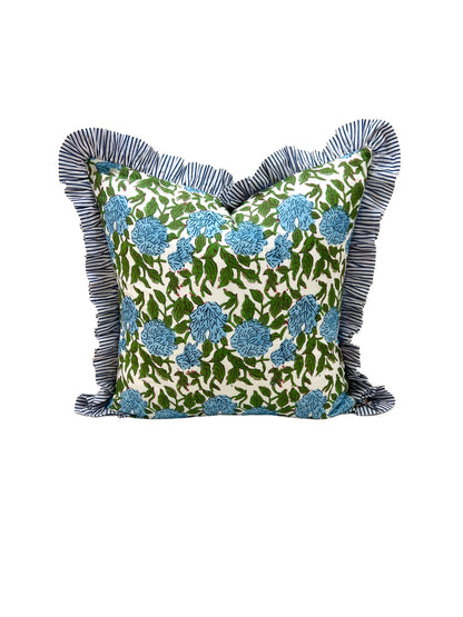 Blue and green floral block print pillow cover with ruffle trim