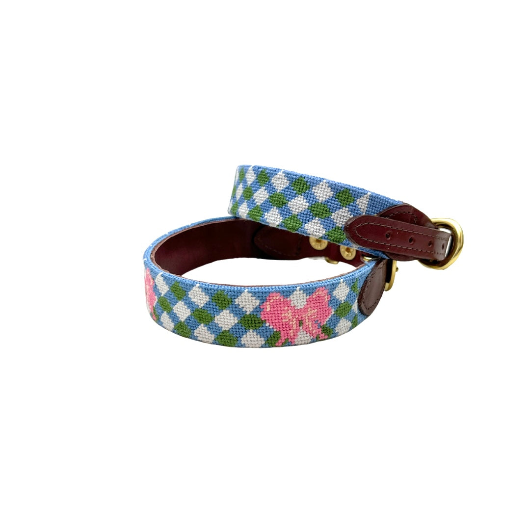 Needlepoint and leather dog collars
