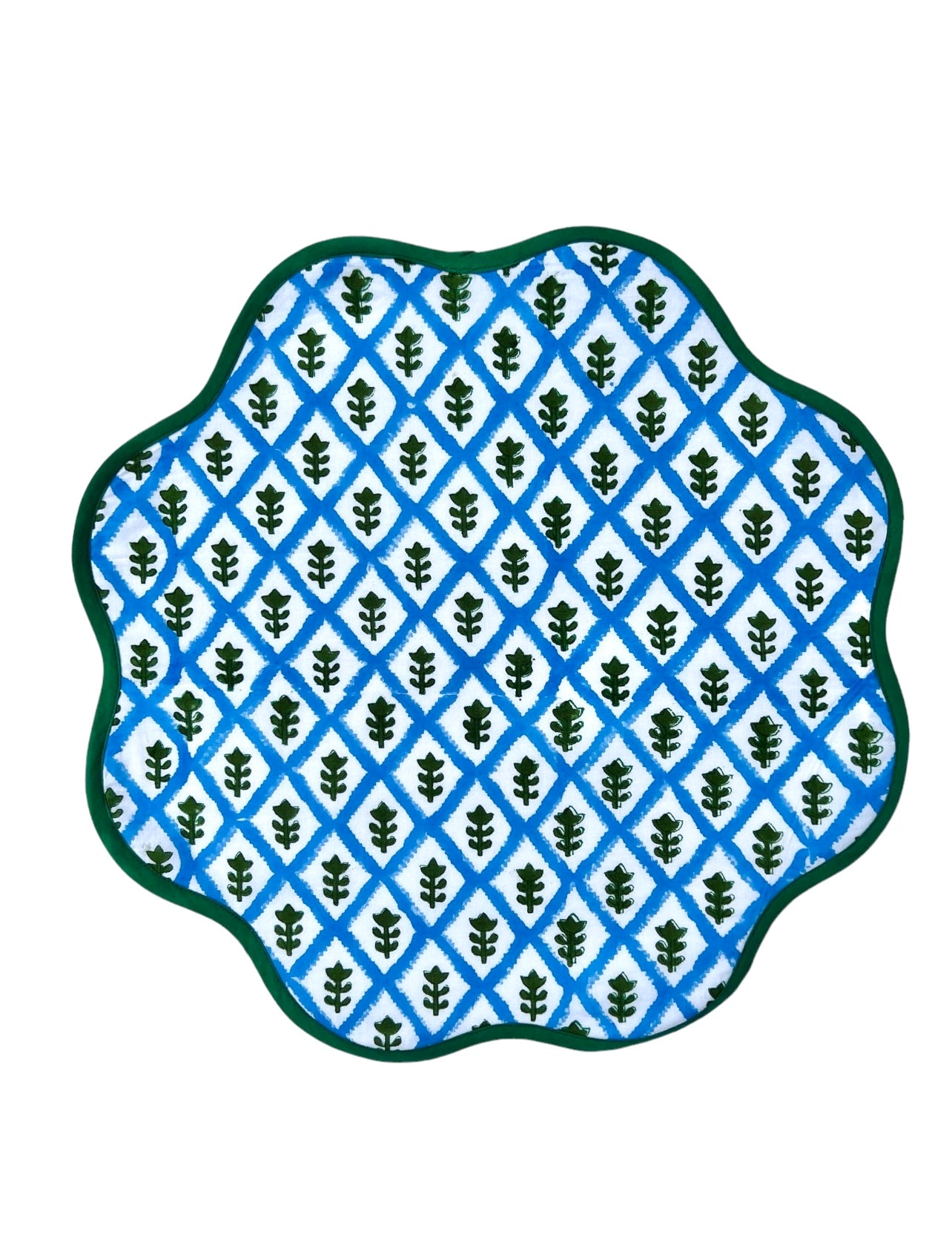 Scalloped blue block print placemat, set of 4