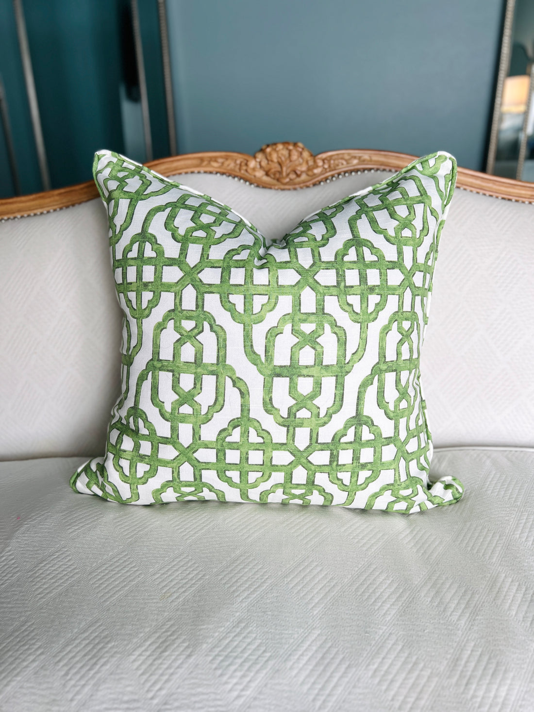 Green chinoiserie trellis pillow cover