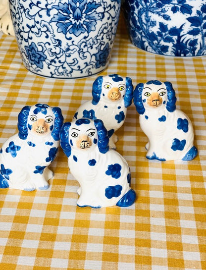 Blue and white Staffordshire dog salt and pepper shakers
