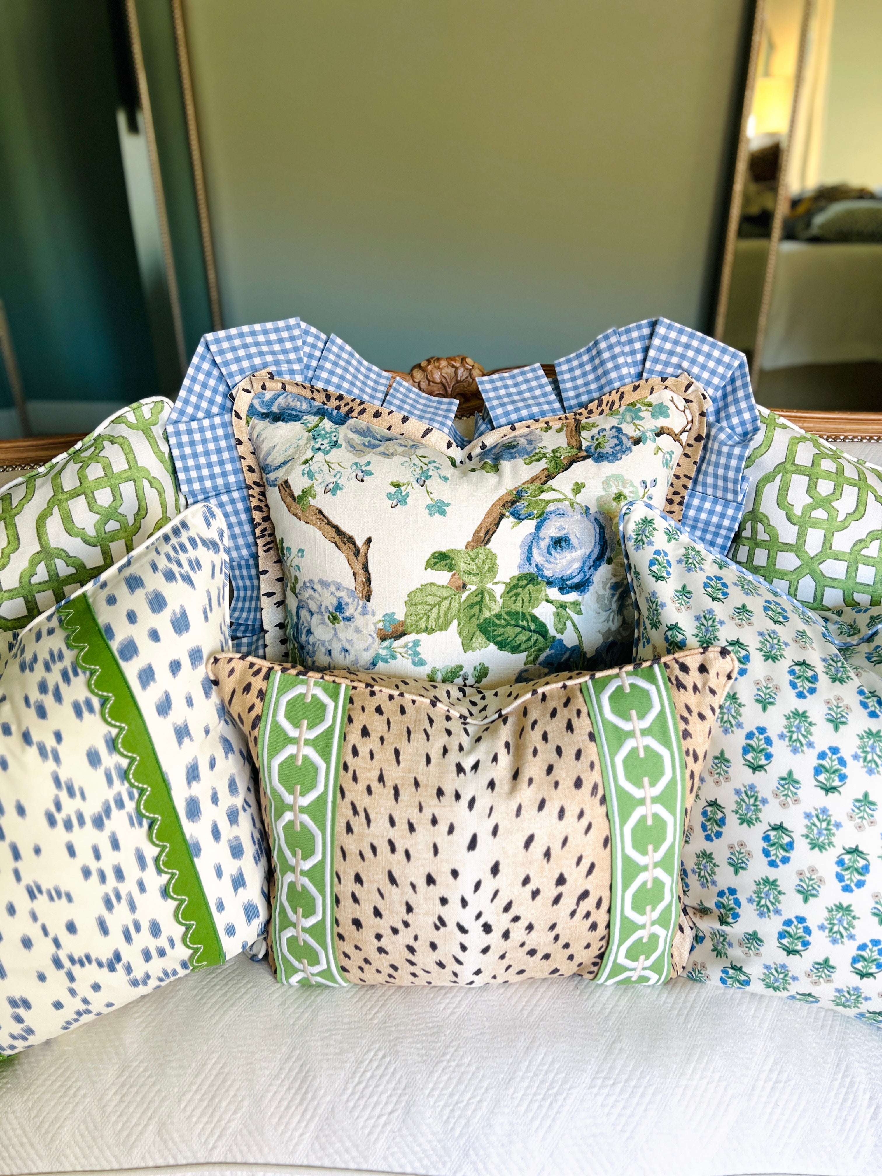 Blue white and green block print floral pillow cover with gingham cord