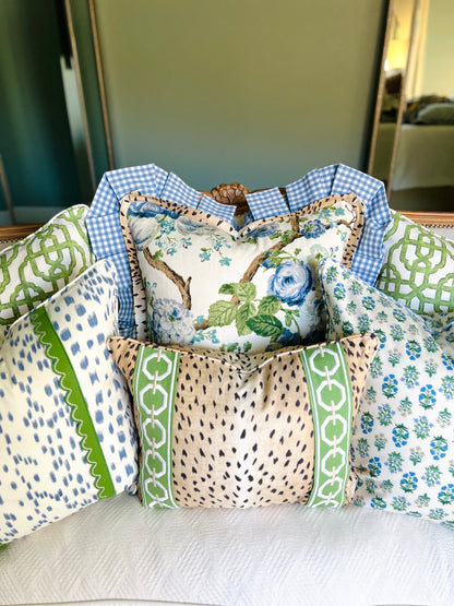 Blue, white, and green block print floral pillow cover with gingham cord