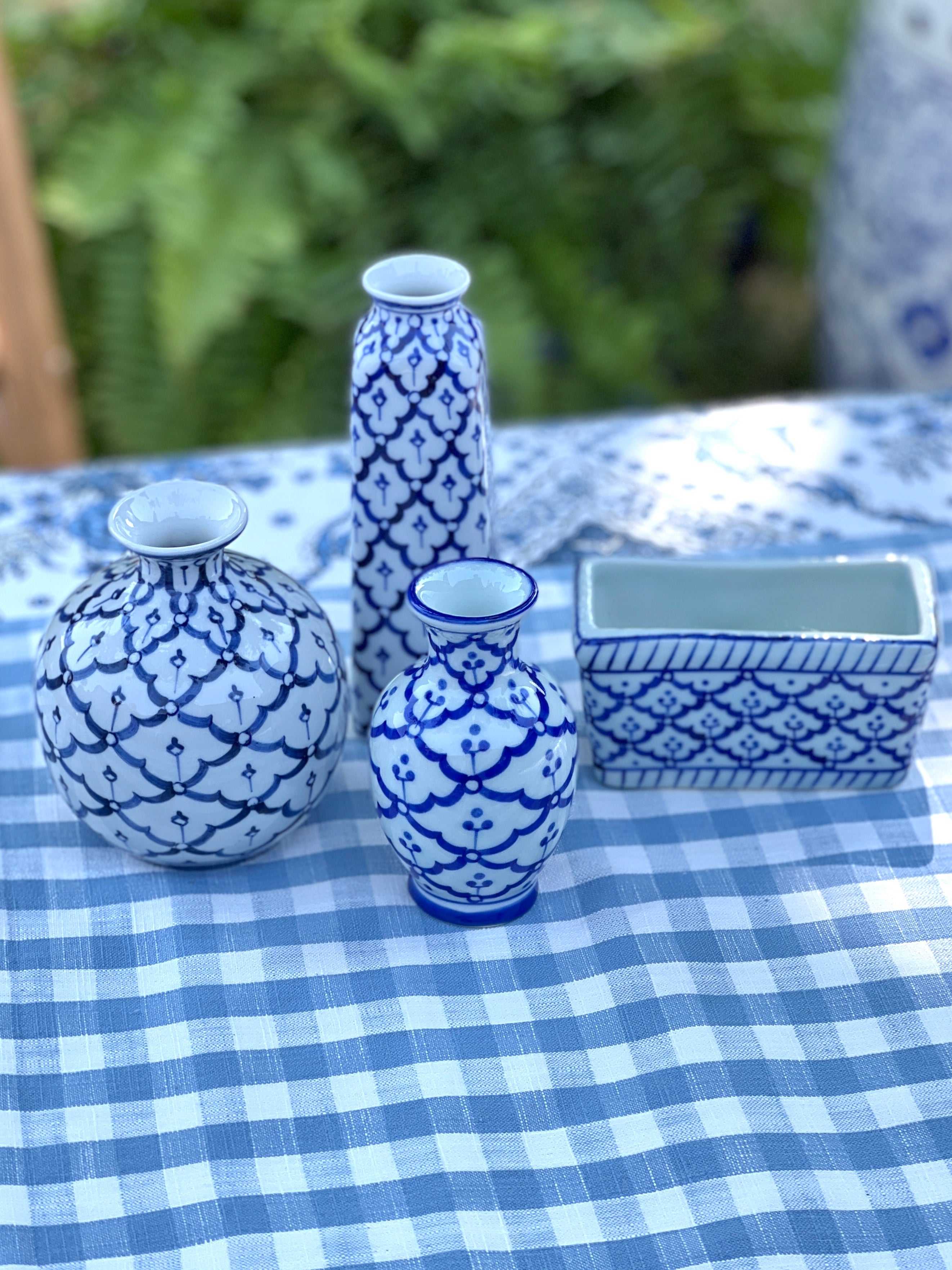 Set of 3 blue and white bud vases