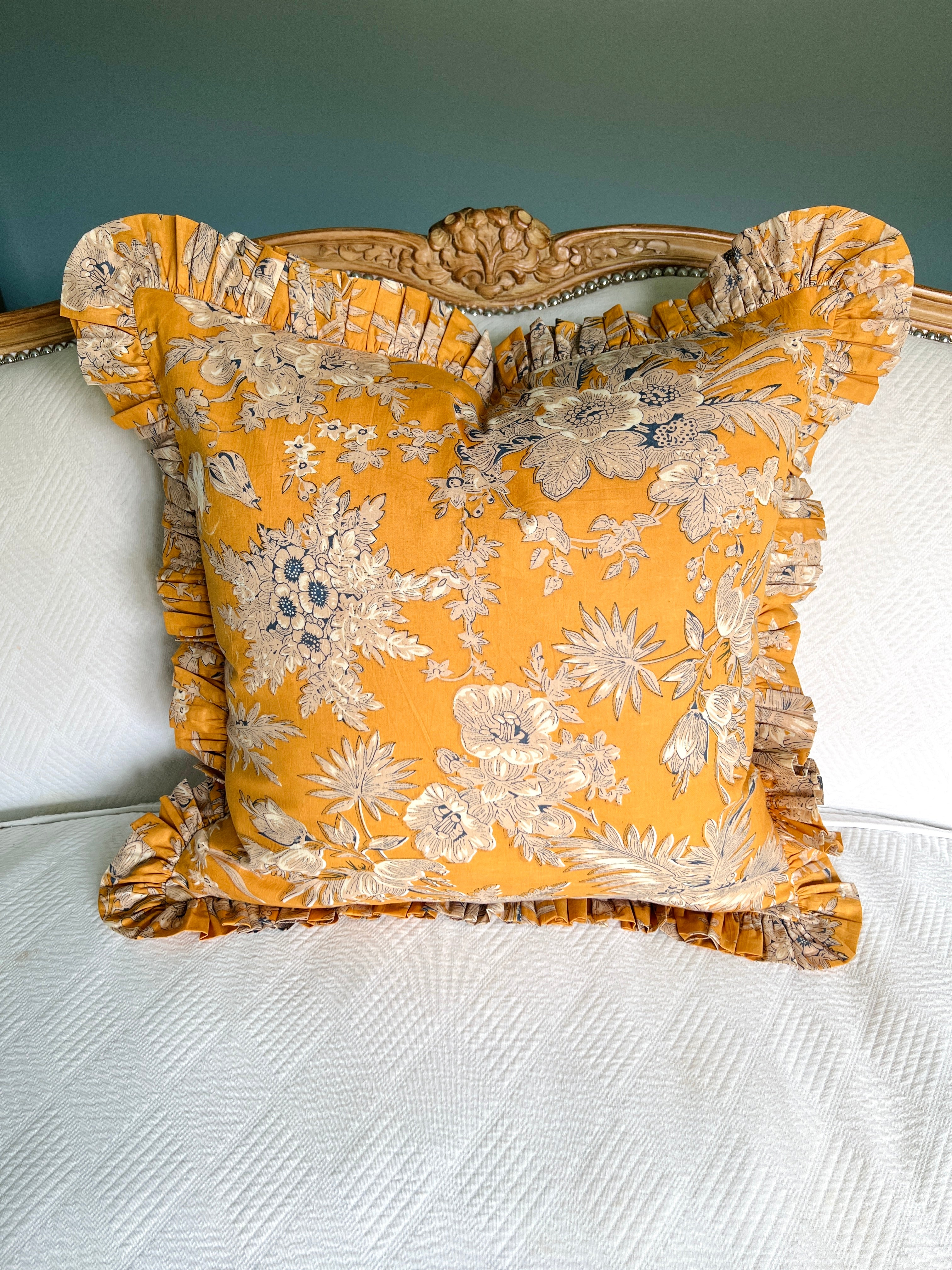 Marigold yellow floral toile pillow cover with ruffle trim Grace Harris Collection