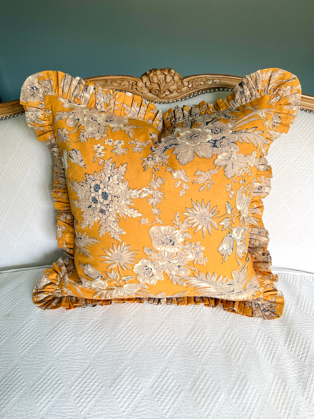 Marigold yellow floral toile pillow cover with ruffle trim