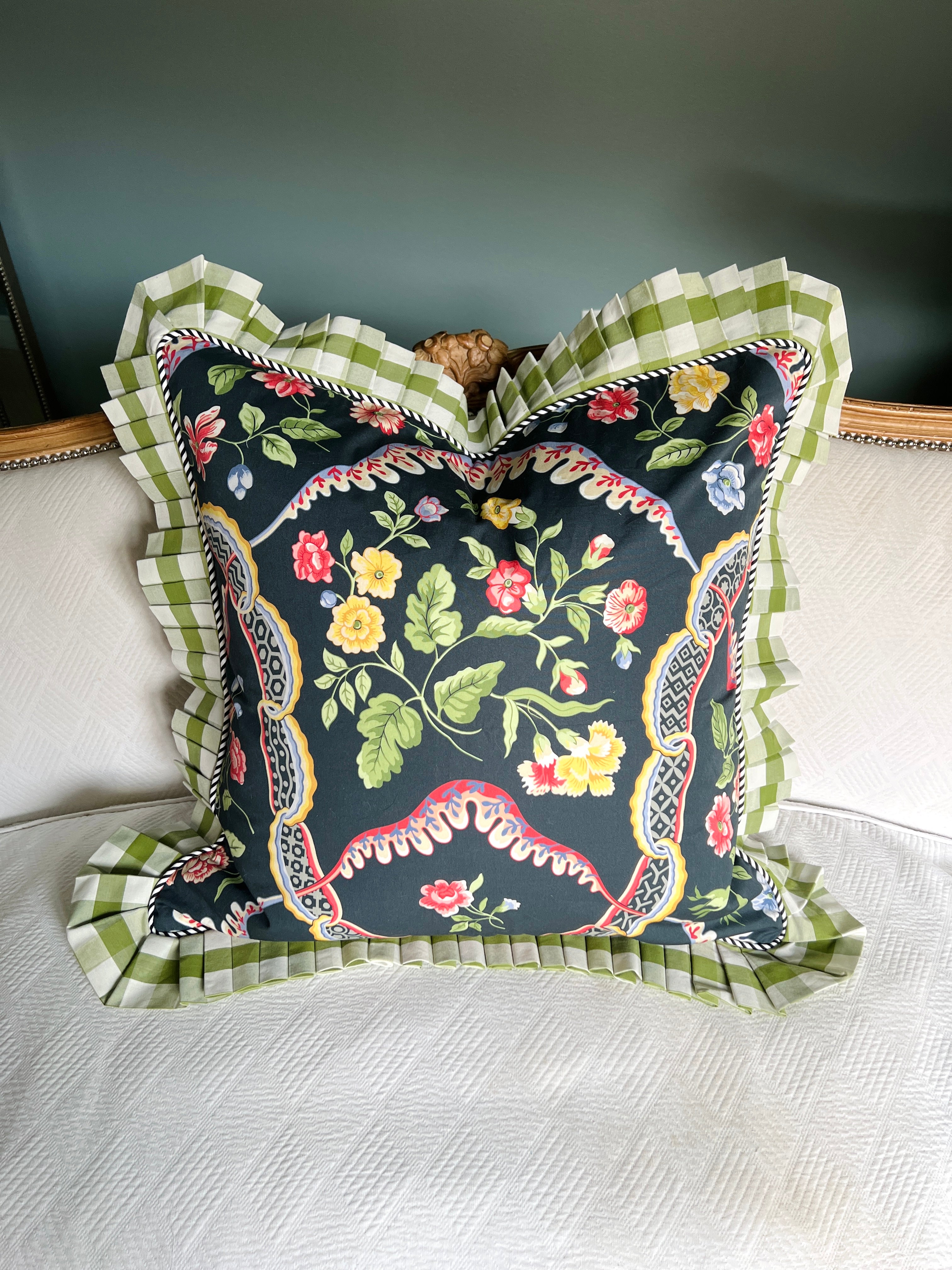 Scalamandre black floral pillow with boxed ruffle trim