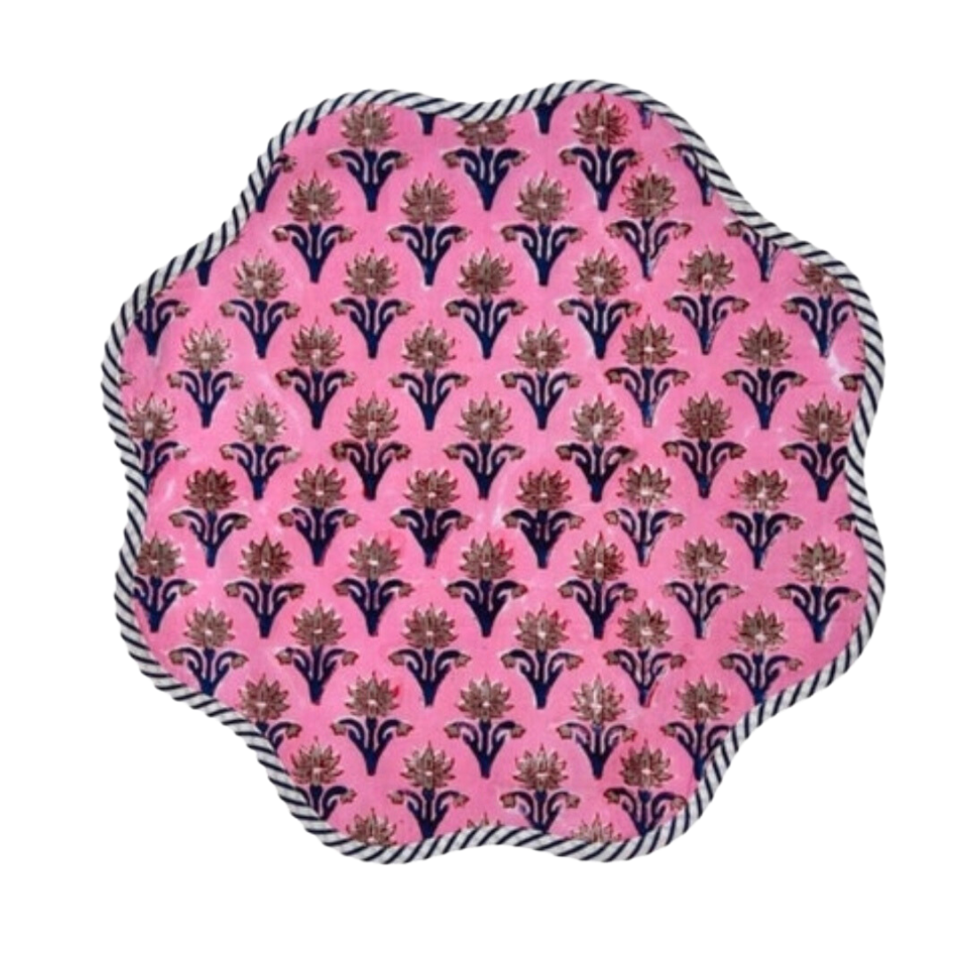 Scalloped pink and blue block print placemat, set of 4