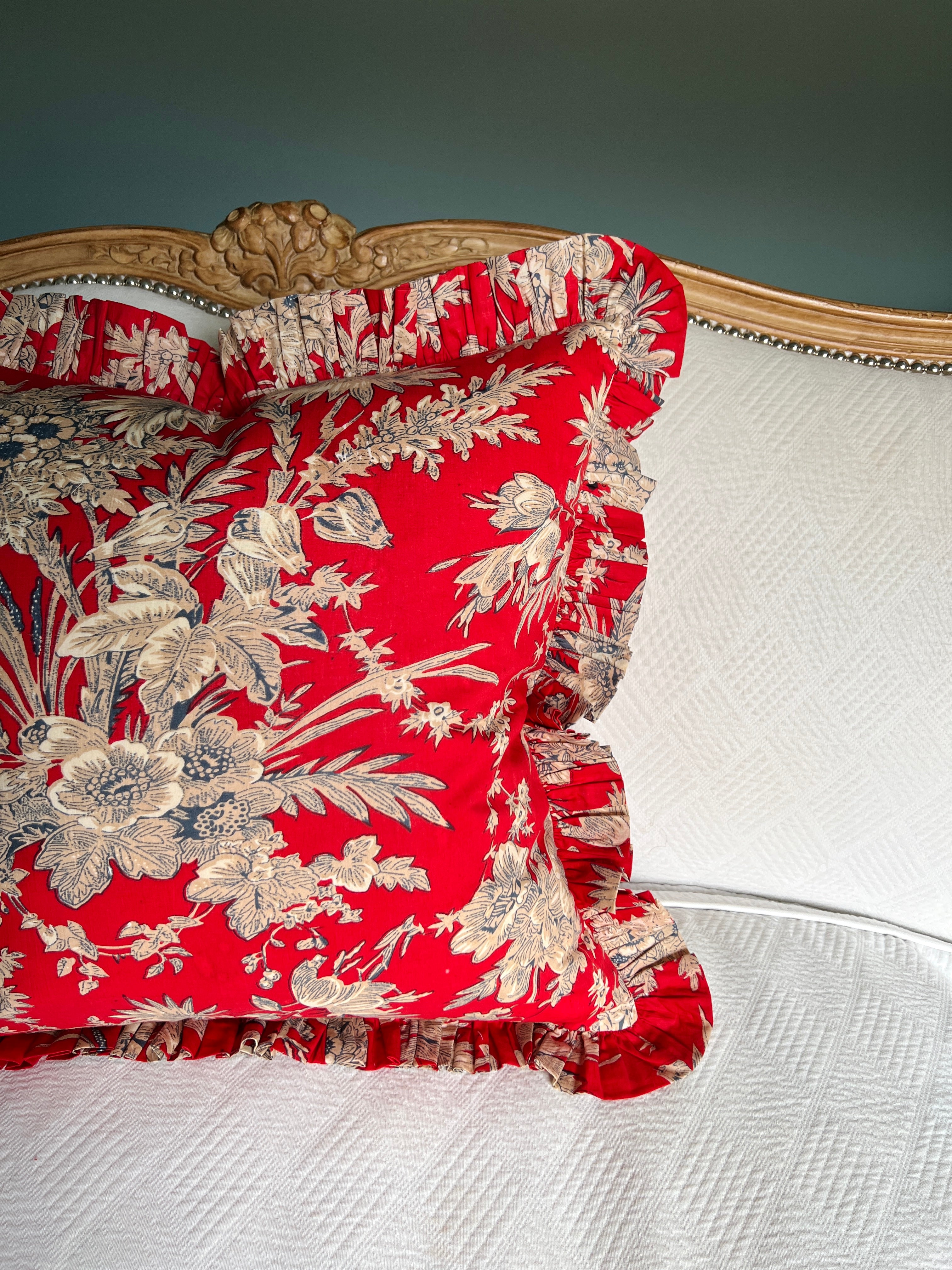Red floral toile pillow cover with ruffle trim – Grace Harris