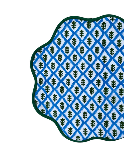 Scalloped blue block print placemat, set of 4