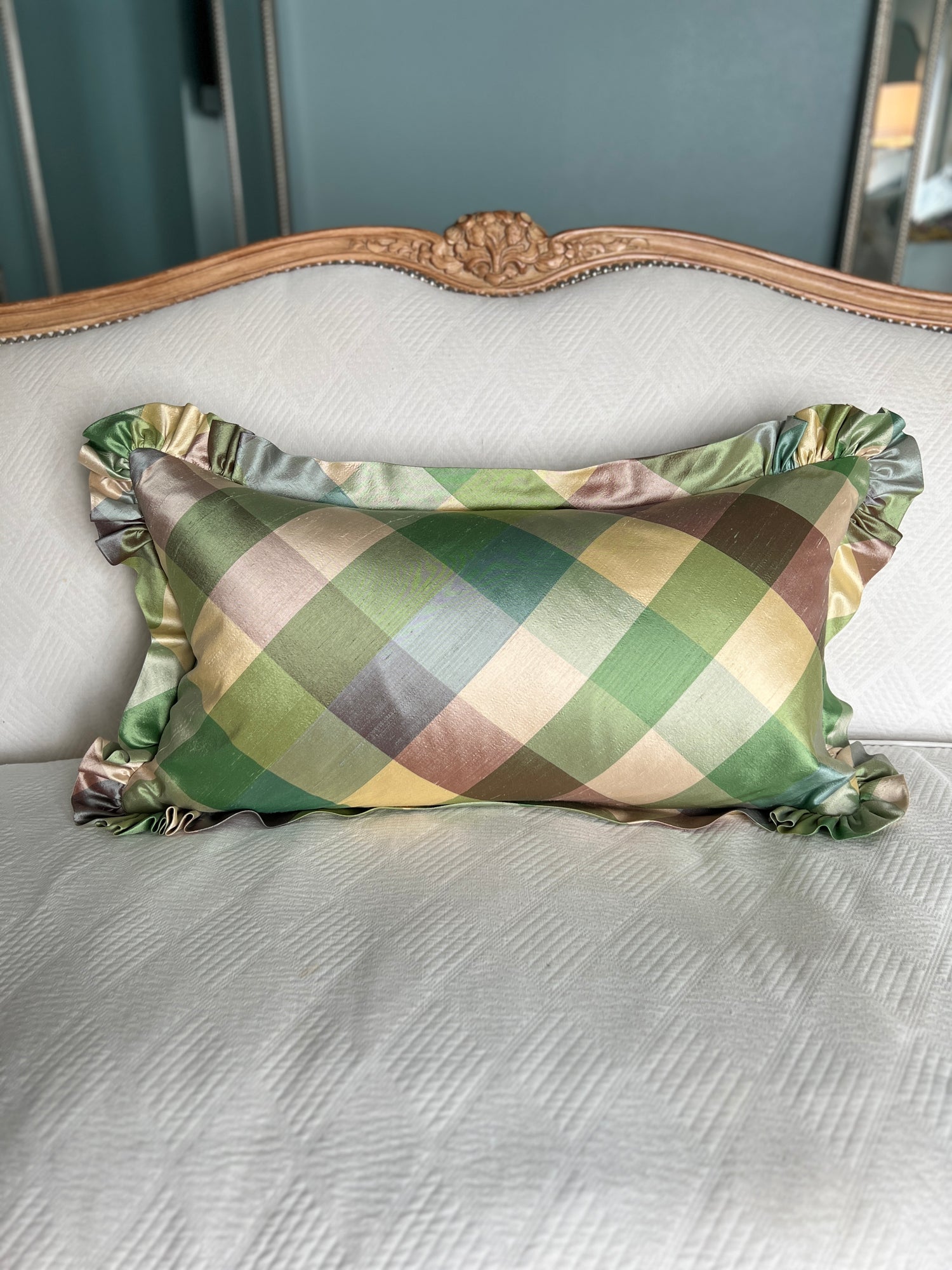 Green toile hunt scene pillow cover with plaid silk flange