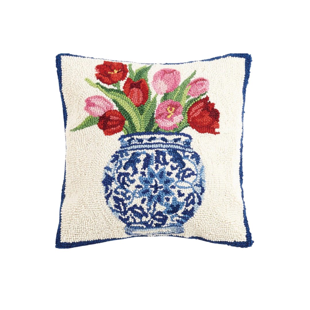 Hand hooked wool tulips in chinoiserie pillow
