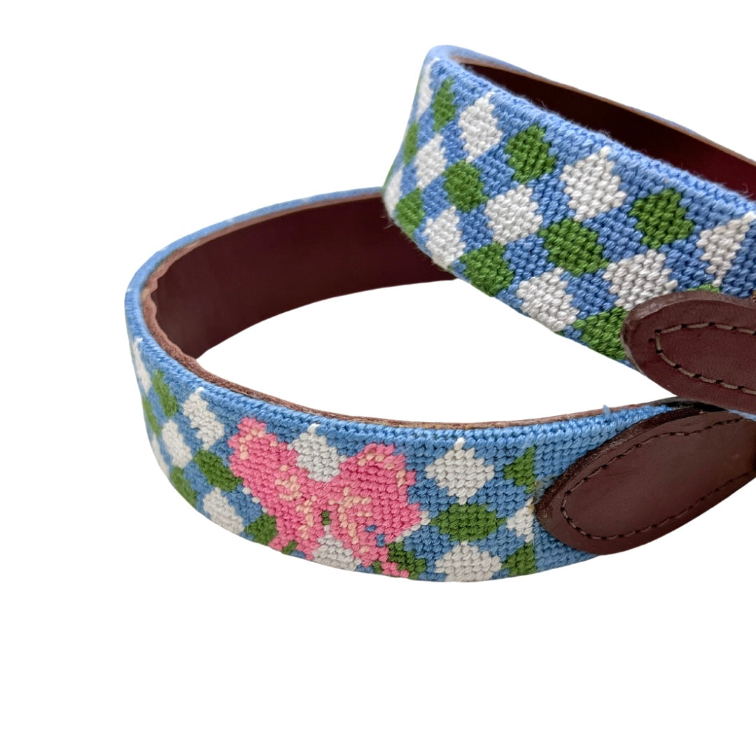 Needlepoint and leather dog collars