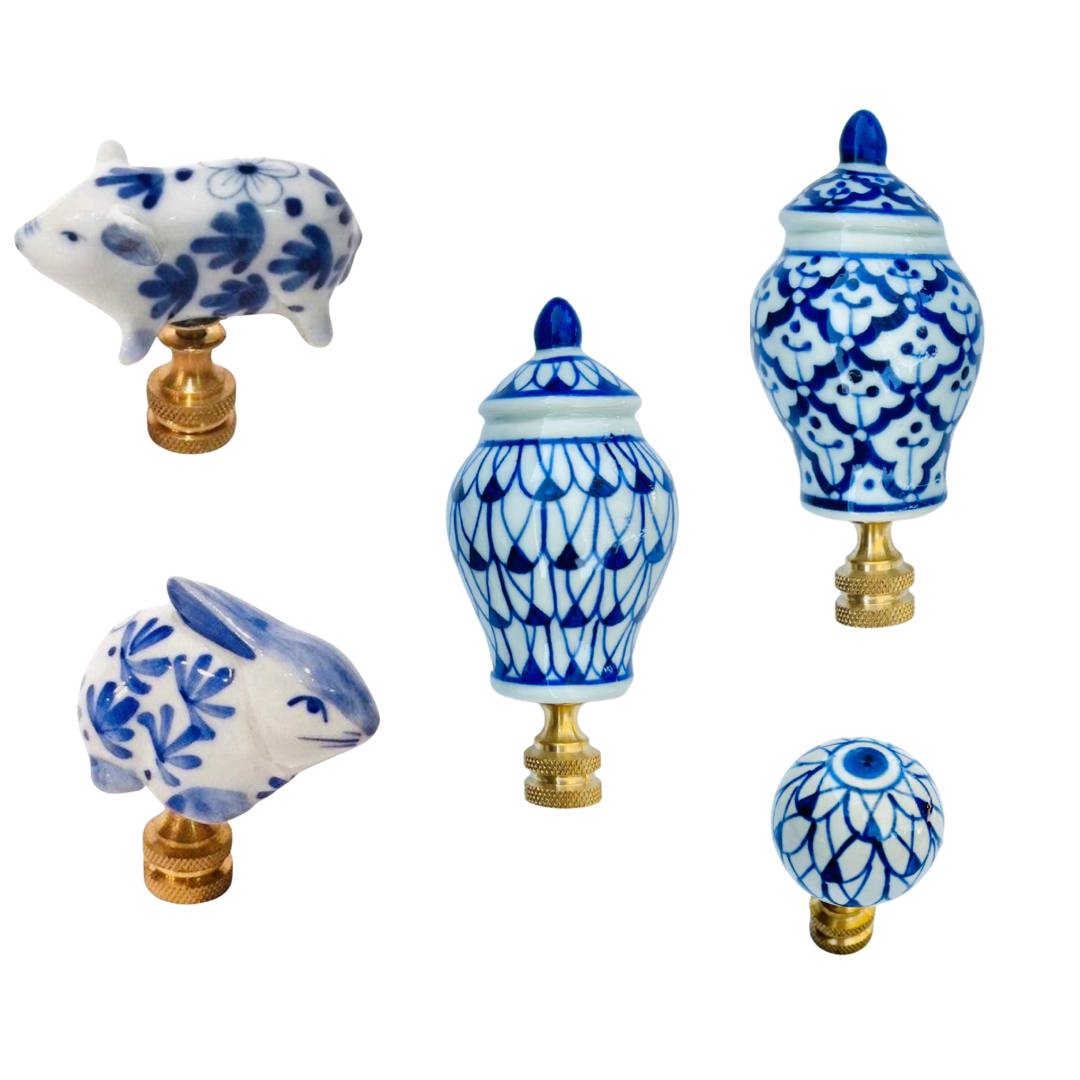 Blue and white lamp finials, choose from bunny, pig, ball, or ginger jar