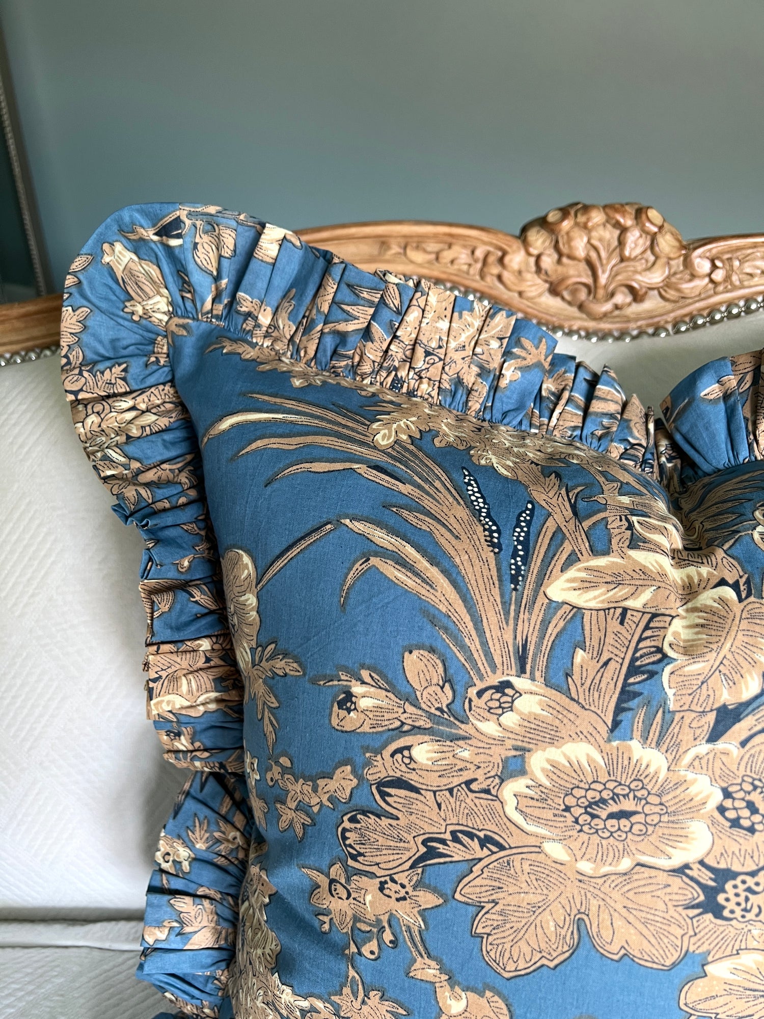 Blue floral toile pillow cover with ruffle trim