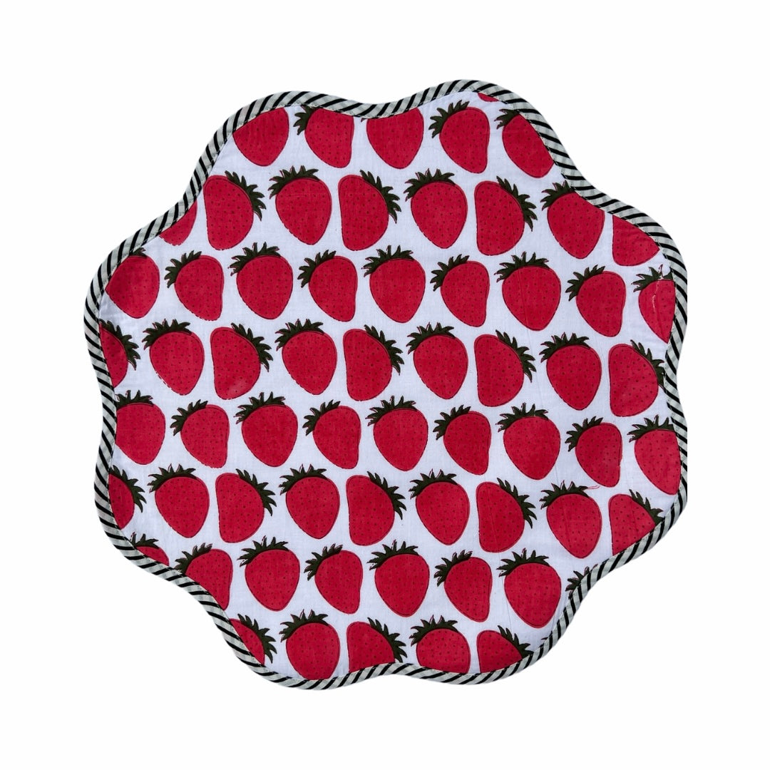 Scalloped strawberry block print placemat, set of 4