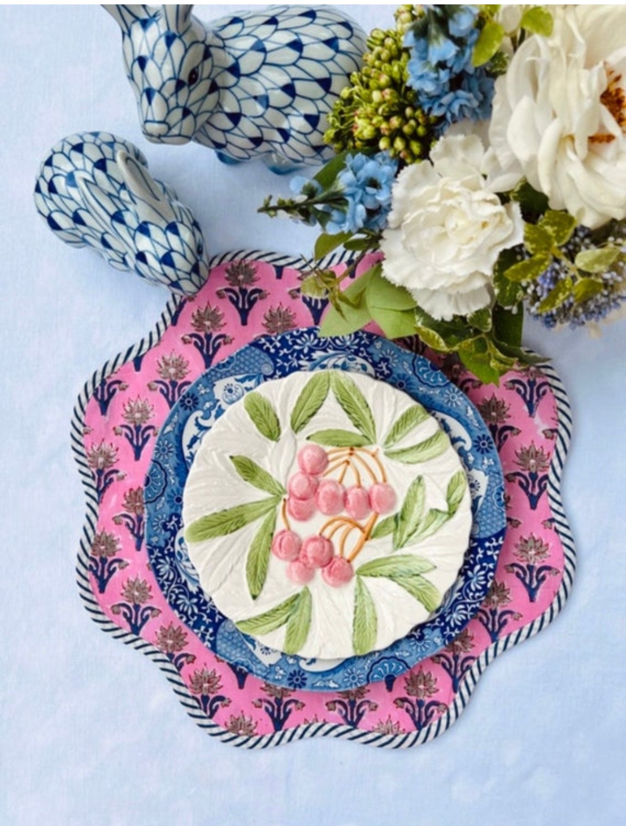 Scalloped pink and blue block print placemat, set of 4