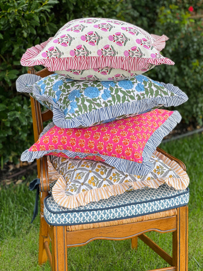 Pink and red floral block print ruffle pillow