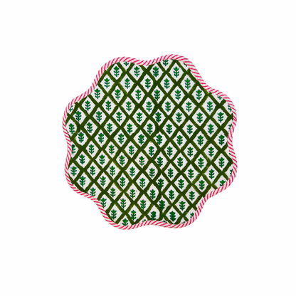 Green block print scalloped placemats with pink and white striped piping, set of 4