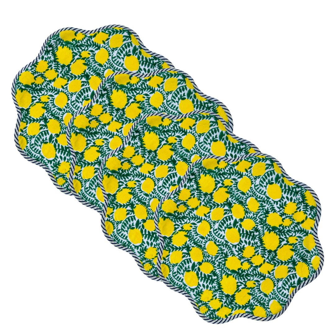 Scalloped lemon block print placemat, set of 4
