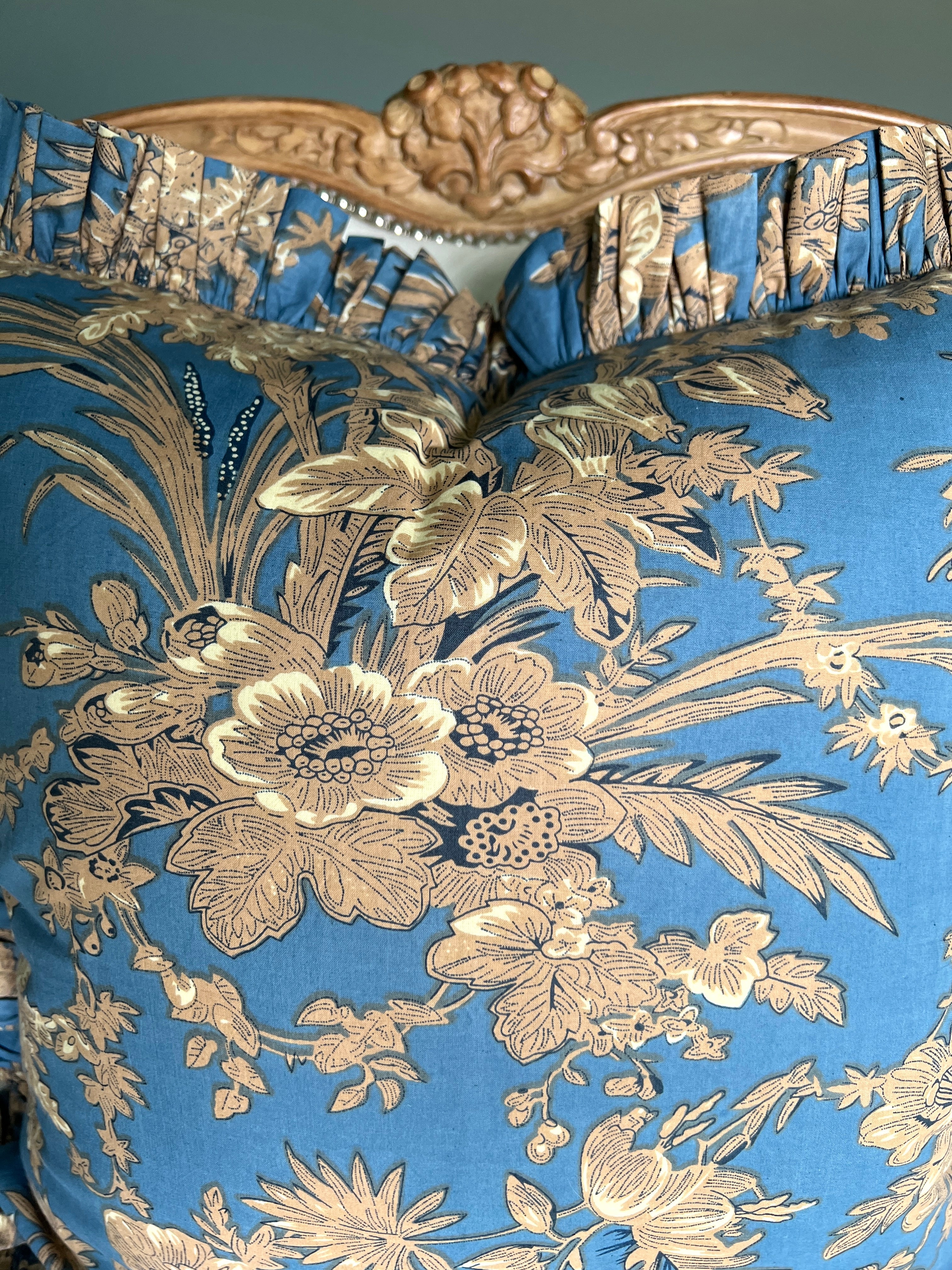 Blue block print pillow cover with ruffle trim, custom monogram availa –  Grace Harris Collection