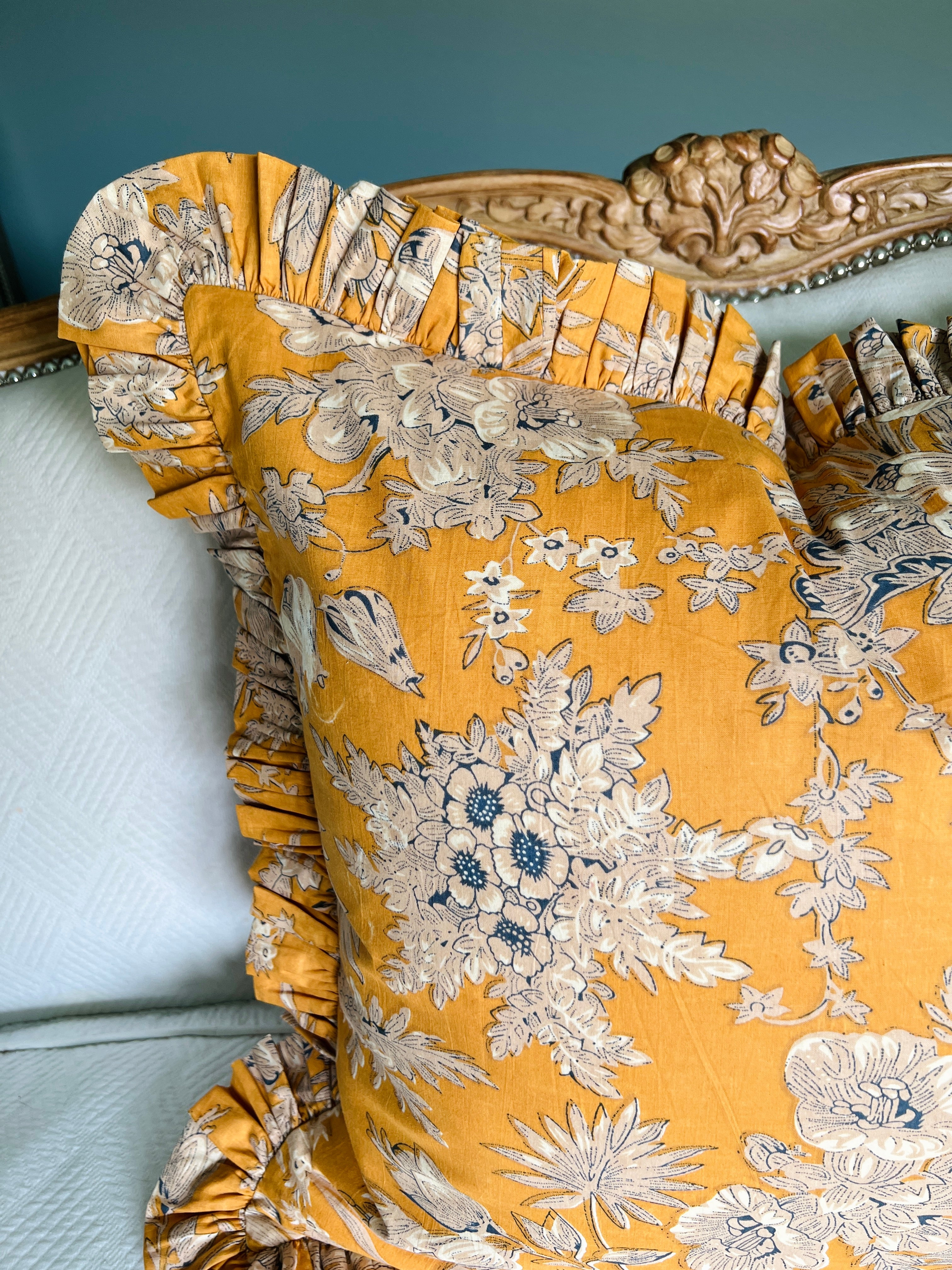 Mustard yellow floral toile pillow cover with ruffle trim